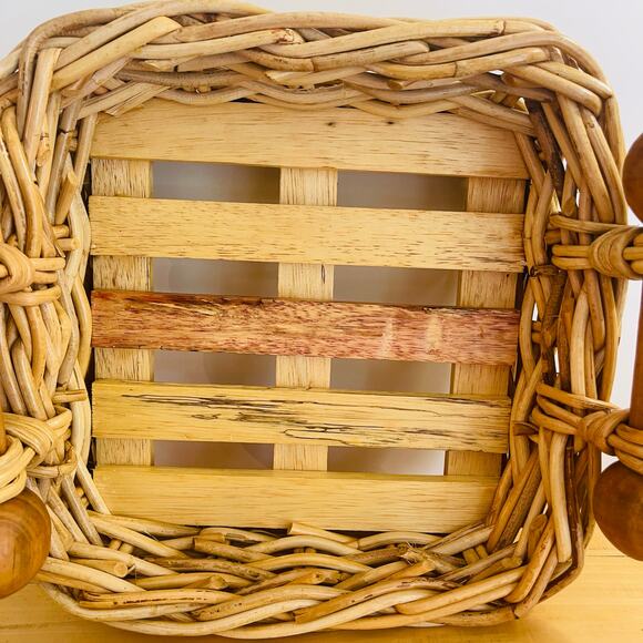 Vintage Woven Wicker Basket w/ Handles Wood Slats Bottom Decor Fruit Centerpiece - Picture 10 of 15